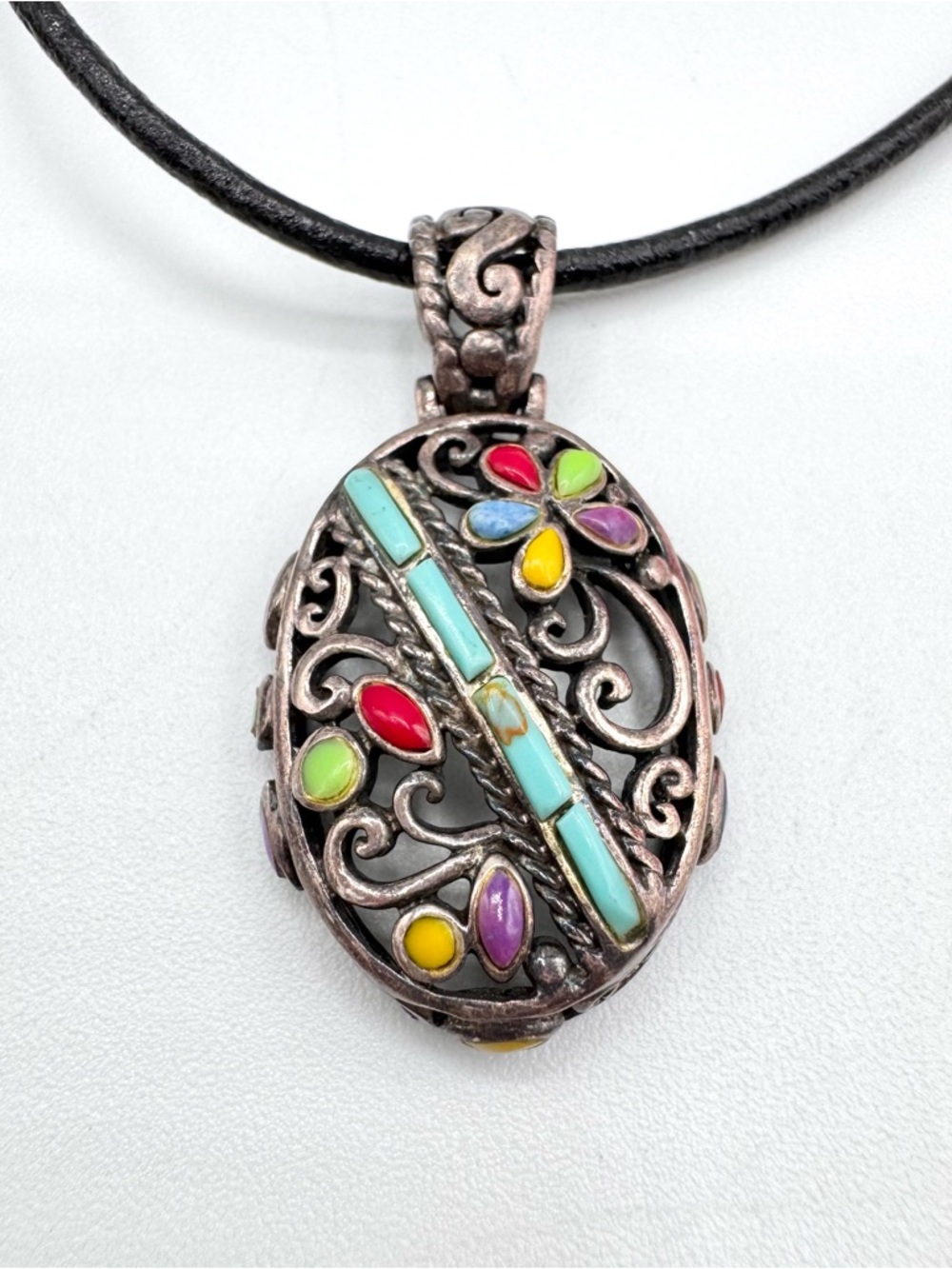 Vintage CFI 925 Sterling Silver Colorful Gemstone Pendant Floral Scrolling Artsy